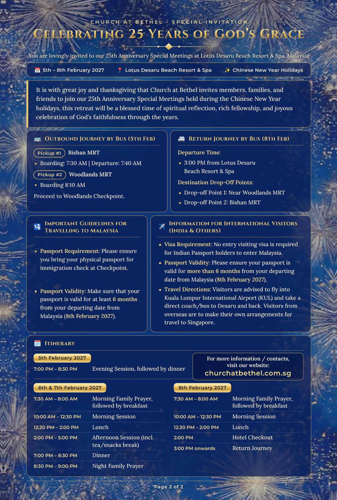 Church at Bethel 25th Anniversary Special Meetings travel information and itinerary